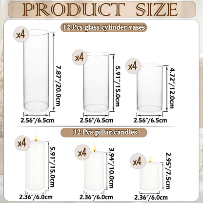 24 Pcs White Pillar Candles and Glass Cylinder Vases Clear Glass Pillar Candle Holders Hurricane Glass Candle Holders for Table Centerpieces Wedding, Party, Event, Home Office