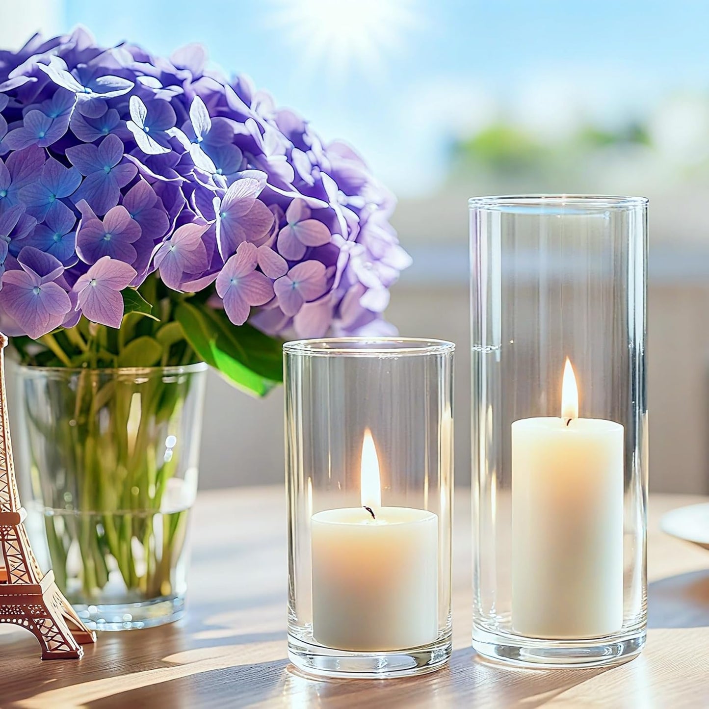 24 Pcs White Pillar Candles and Glass Cylinder Vases Clear Glass Pillar Candle Holders Hurricane Glass Candle Holders for Table Centerpieces Wedding, Party, Event, Home Office