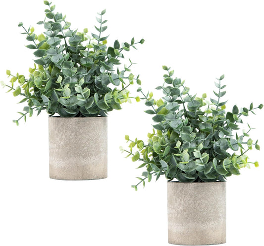 2 Pack Small Fake Plants Eucalyptus Potted,Sage Green | Small Space Artificial Plants for Bathroom Shelf Office Desk Home Farmhouse Room Coffee Table Tray Decor
