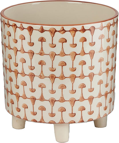 Footed Stoneware Planter with Abstract Print, Rust and White