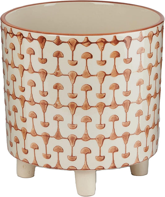 Footed Stoneware Planter with Abstract Print, Rust and White