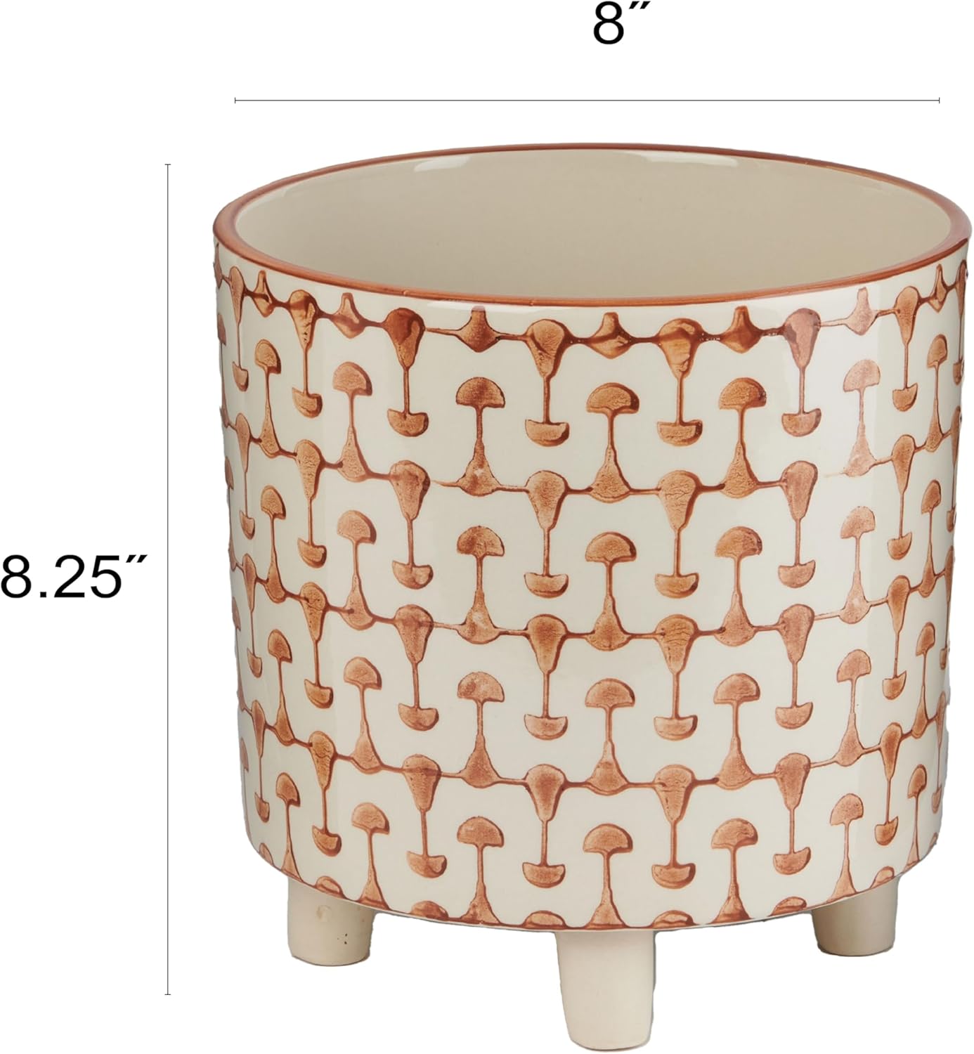 Footed Stoneware Planter with Abstract Print, Rust and White