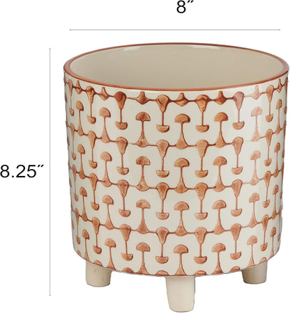 Footed Stoneware Planter with Abstract Print, Rust and White