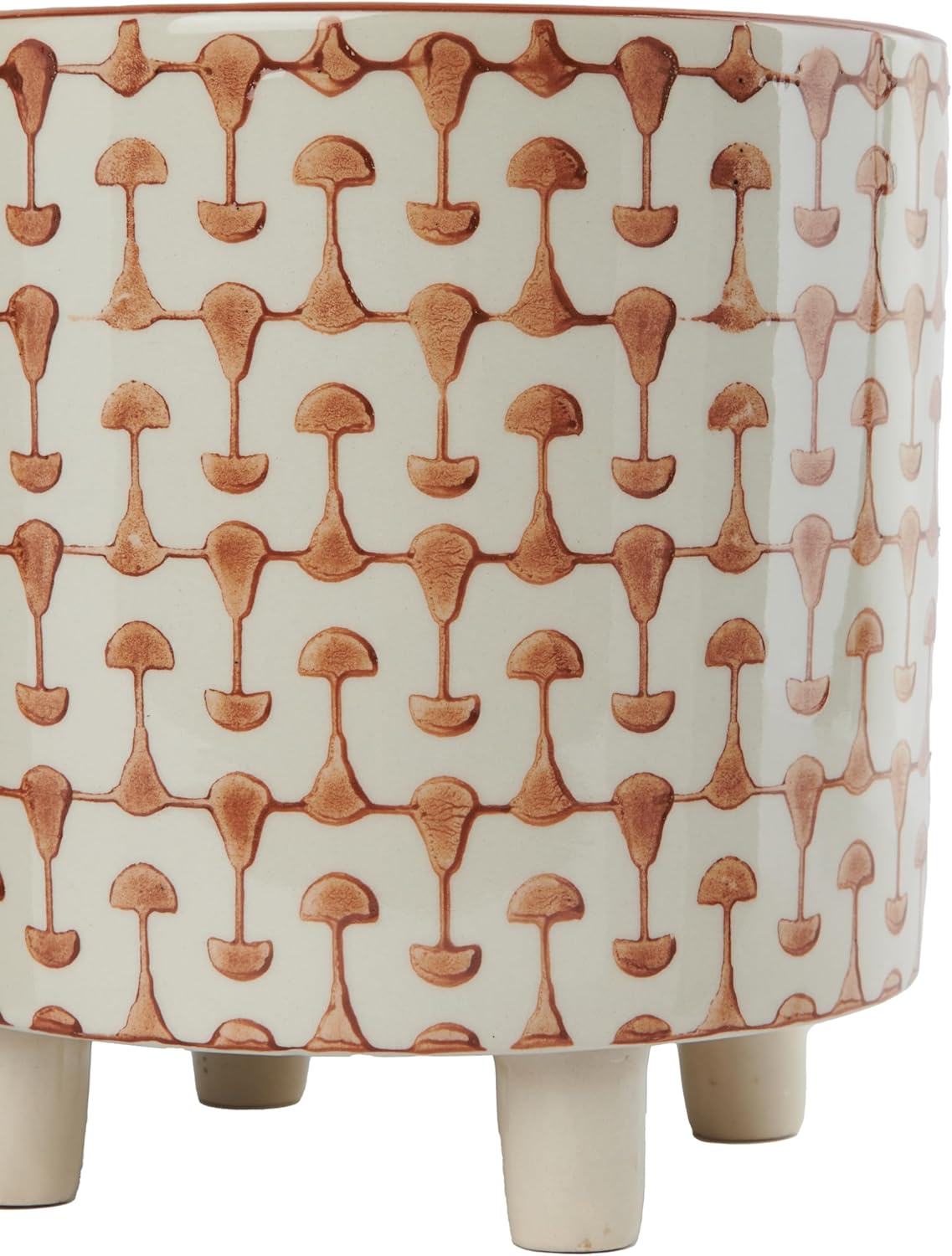 Footed Stoneware Planter with Abstract Print, Rust and White