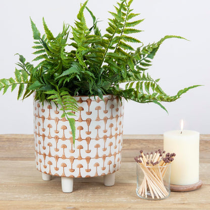 Footed Stoneware Planter with Abstract Print, Rust and White