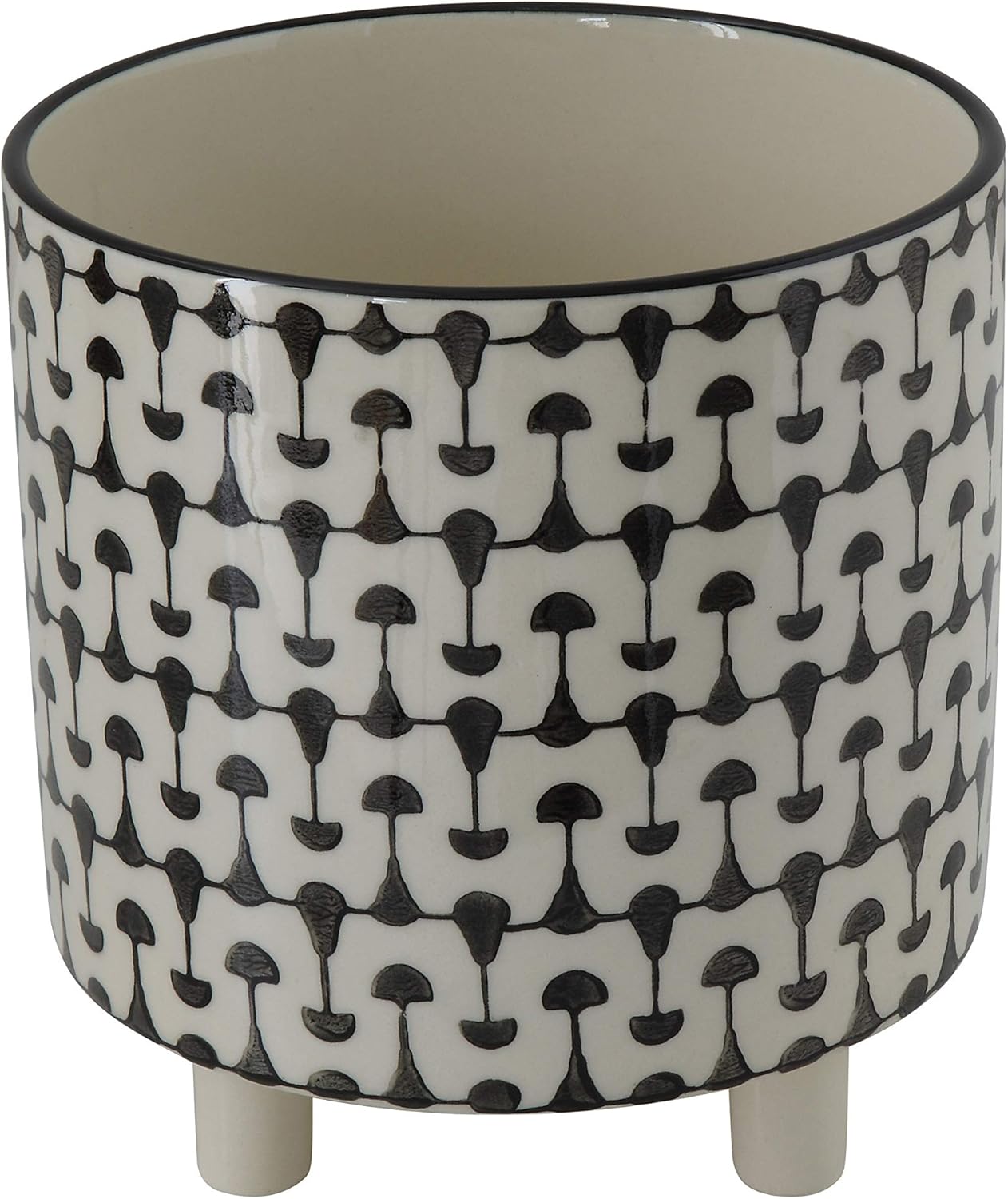 Footed Stoneware Planter with Abstract Print, Rust and White
