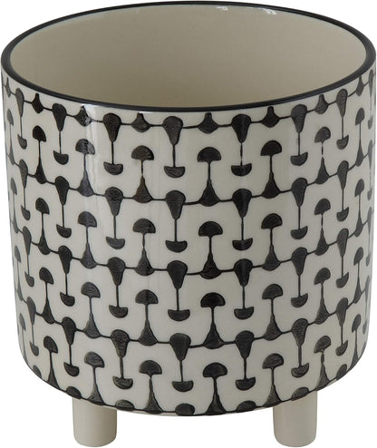 Footed Stoneware Planter with Abstract Print, Rust and White