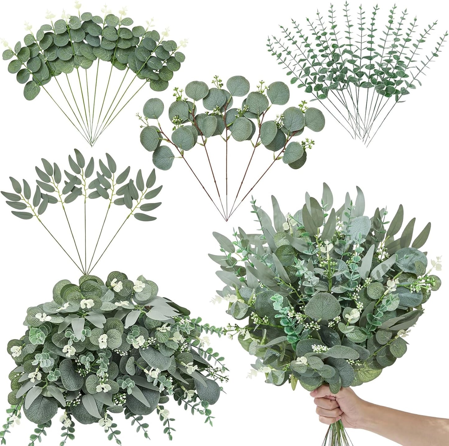 Artificial Greenery Stems, Faux Eucalyptus Stems Bulk with Fake Leaves, Mixed Greenery for Centerpieces and Vase, Artificial Eucalyptus Plants for DIY Flower Wedding Home Decor
