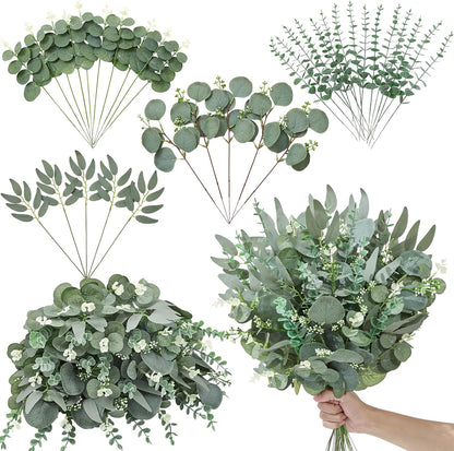 Artificial Greenery Stems, Faux Eucalyptus Stems Bulk with Fake Leaves, Mixed Greenery for Centerpieces and Vase, Artificial Eucalyptus Plants for DIY Flower Wedding Home Decor