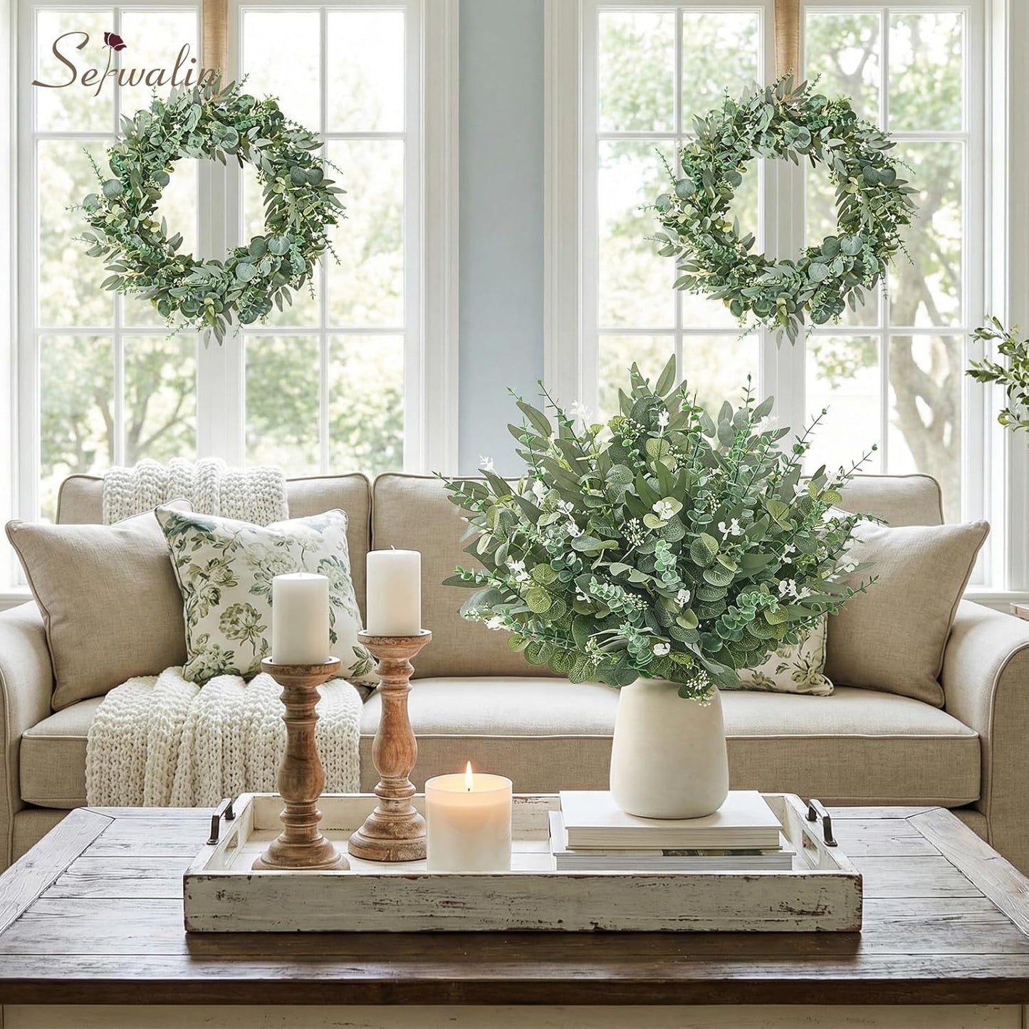 Artificial Greenery Stems, Faux Eucalyptus Stems Bulk with Fake Leaves, Mixed Greenery for Centerpieces and Vase, Artificial Eucalyptus Plants for DIY Flower Wedding Home Decor