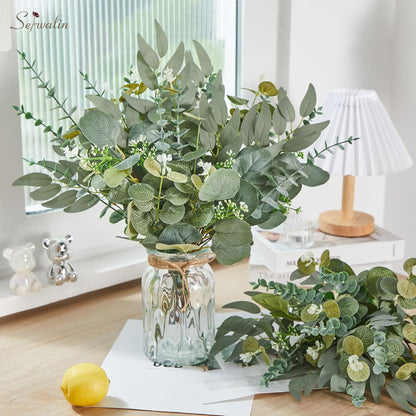 Artificial Greenery Stems, Faux Eucalyptus Stems Bulk with Fake Leaves, Mixed Greenery for Centerpieces and Vase, Artificial Eucalyptus Plants for DIY Flower Wedding Home Decor