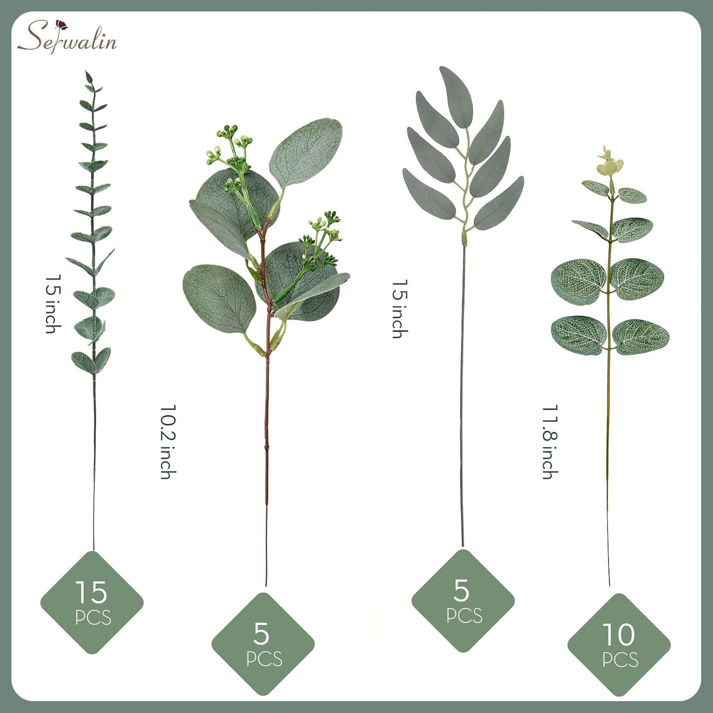Artificial Greenery Stems, Faux Eucalyptus Stems Bulk with Fake Leaves, Mixed Greenery for Centerpieces and Vase, Artificial Eucalyptus Plants for DIY Flower Wedding Home Decor