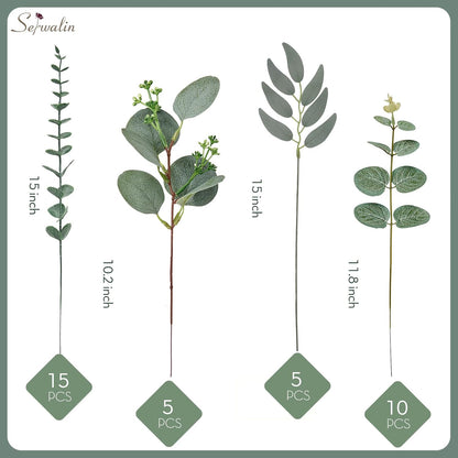 Artificial Greenery Stems, Faux Eucalyptus Stems Bulk with Fake Leaves, Mixed Greenery for Centerpieces and Vase, Artificial Eucalyptus Plants for DIY Flower Wedding Home Decor