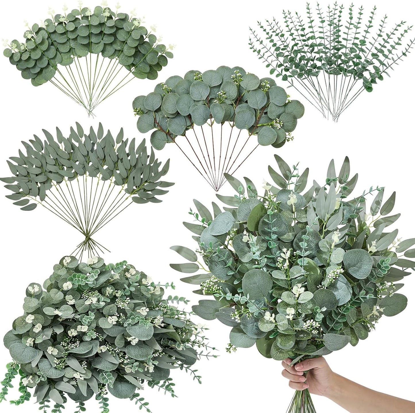 Artificial Greenery Stems, Faux Eucalyptus Stems Bulk with Fake Leaves, Mixed Greenery for Centerpieces and Vase, Artificial Eucalyptus Plants for DIY Flower Wedding Home Decor