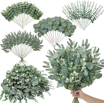 Artificial Greenery Stems, Faux Eucalyptus Stems Bulk with Fake Leaves, Mixed Greenery for Centerpieces and Vase, Artificial Eucalyptus Plants for DIY Flower Wedding Home Decor