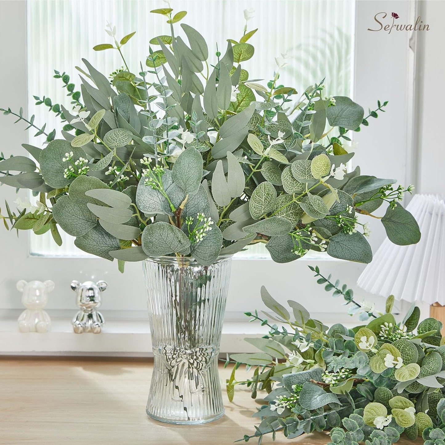Artificial Greenery Stems, Faux Eucalyptus Stems Bulk with Fake Leaves, Mixed Greenery for Centerpieces and Vase, Artificial Eucalyptus Plants for DIY Flower Wedding Home Decor