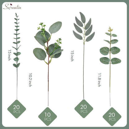 Artificial Greenery Stems, Faux Eucalyptus Stems Bulk with Fake Leaves, Mixed Greenery for Centerpieces and Vase, Artificial Eucalyptus Plants for DIY Flower Wedding Home Decor