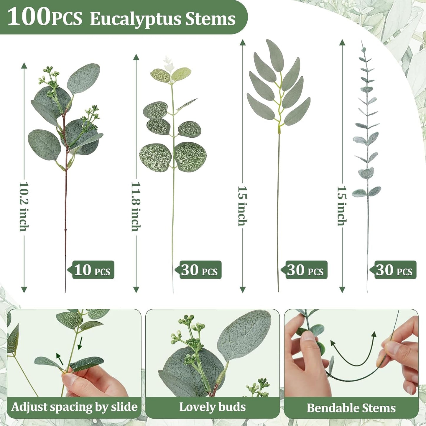 Artificial Greenery Stems, Faux Eucalyptus Stems Bulk with Fake Leaves, Mixed Greenery for Centerpieces and Vase, Artificial Eucalyptus Plants for DIY Flower Wedding Home Decor