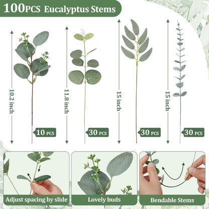 Artificial Greenery Stems, Faux Eucalyptus Stems Bulk with Fake Leaves, Mixed Greenery for Centerpieces and Vase, Artificial Eucalyptus Plants for DIY Flower Wedding Home Decor