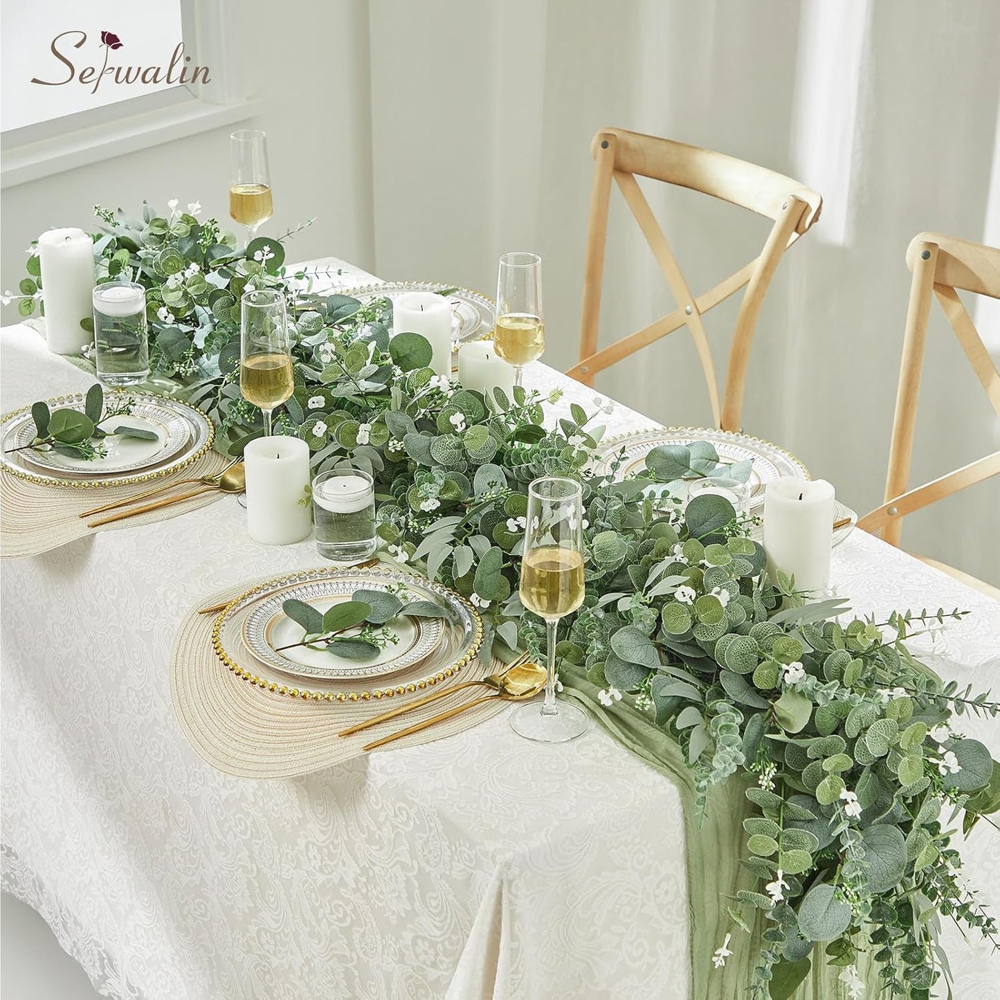 Artificial Greenery Stems, Faux Eucalyptus Stems Bulk with Fake Leaves, Mixed Greenery for Centerpieces and Vase, Artificial Eucalyptus Plants for DIY Flower Wedding Home Decor
