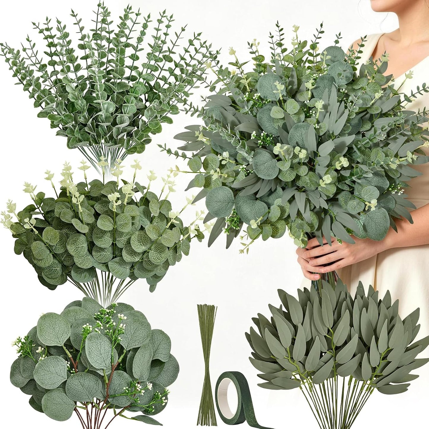 Artificial Greenery Stems, Faux Eucalyptus Stems Bulk with Fake Leaves, Mixed Greenery for Centerpieces and Vase, Artificial Eucalyptus Plants for DIY Flower Wedding Home Decor