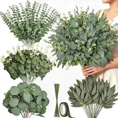 Artificial Greenery Stems, Faux Eucalyptus Stems Bulk with Fake Leaves, Mixed Greenery for Centerpieces and Vase, Artificial Eucalyptus Plants for DIY Flower Wedding Home Decor