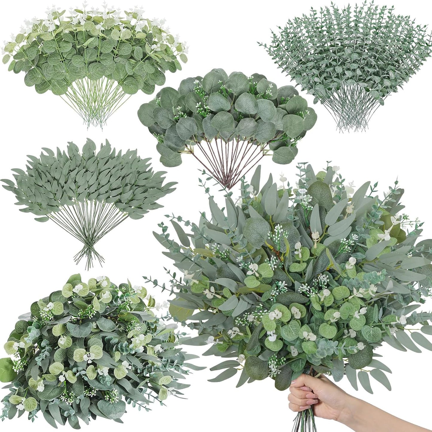 Artificial Greenery Stems, Faux Eucalyptus Stems Bulk with Fake Leaves, Mixed Greenery for Centerpieces and Vase, Artificial Eucalyptus Plants for DIY Flower Wedding Home Decor