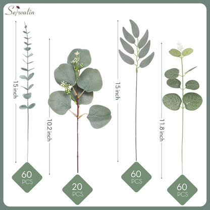 Artificial Greenery Stems, Faux Eucalyptus Stems Bulk with Fake Leaves, Mixed Greenery for Centerpieces and Vase, Artificial Eucalyptus Plants for DIY Flower Wedding Home Decor