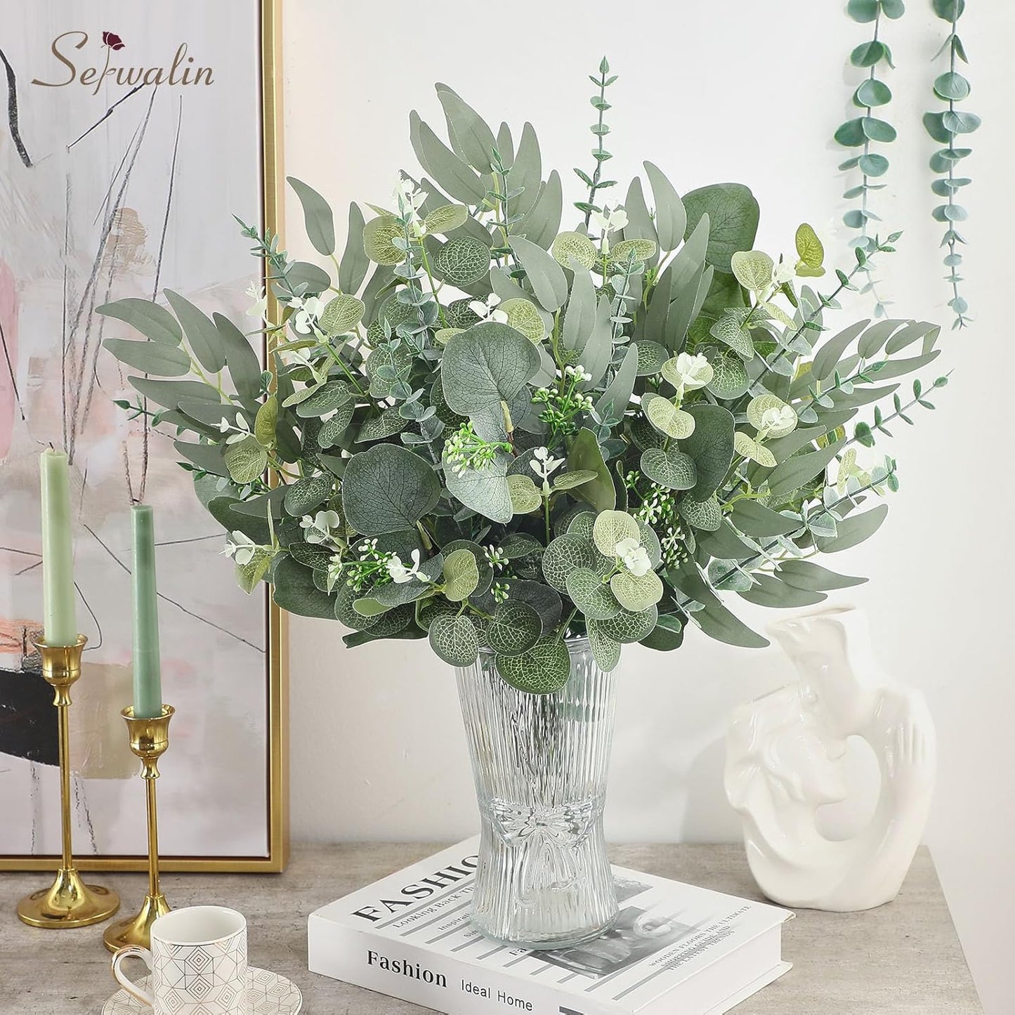 Artificial Greenery Stems, Faux Eucalyptus Stems Bulk with Fake Leaves, Mixed Greenery for Centerpieces and Vase, Artificial Eucalyptus Plants for DIY Flower Wedding Home Decor
