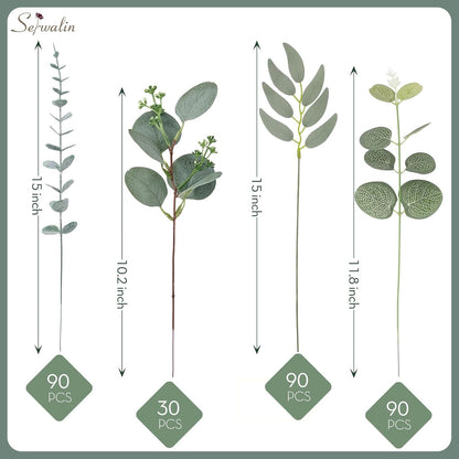 Artificial Greenery Stems, Faux Eucalyptus Stems Bulk with Fake Leaves, Mixed Greenery for Centerpieces and Vase, Artificial Eucalyptus Plants for DIY Flower Wedding Home Decor