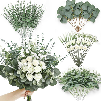 Artificial Greenery Stems, Faux Eucalyptus Stems Bulk with Fake Leaves, Mixed Greenery for Centerpieces and Vase, Artificial Eucalyptus Plants for DIY Flower Wedding Home Decor