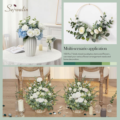 Artificial Greenery Stems, Faux Eucalyptus Stems Bulk with Fake Leaves, Mixed Greenery for Centerpieces and Vase, Artificial Eucalyptus Plants for DIY Flower Wedding Home Decor