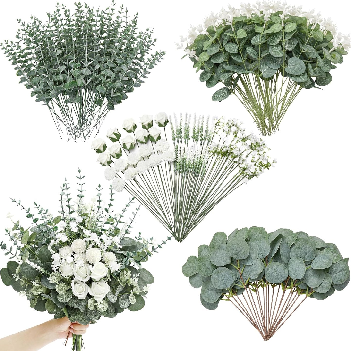 Artificial Greenery Stems, Faux Eucalyptus Stems Bulk with Fake Leaves, Mixed Greenery for Centerpieces and Vase, Artificial Eucalyptus Plants for DIY Flower Wedding Home Decor