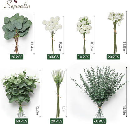 Artificial Greenery Stems, Faux Eucalyptus Stems Bulk with Fake Leaves, Mixed Greenery for Centerpieces and Vase, Artificial Eucalyptus Plants for DIY Flower Wedding Home Decor