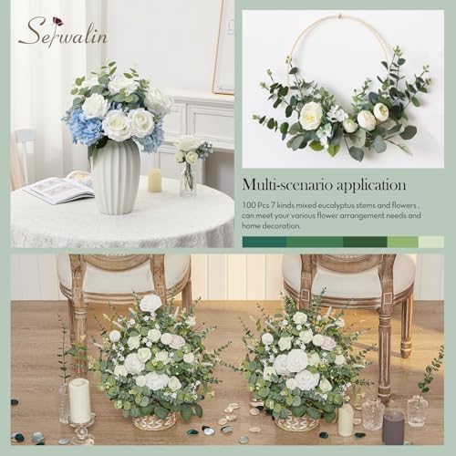 Artificial Greenery Stems, Faux Eucalyptus Stems Bulk with Fake Leaves, Mixed Greenery for Centerpieces and Vase, Artificial Eucalyptus Plants for DIY Flower Wedding Home Decor