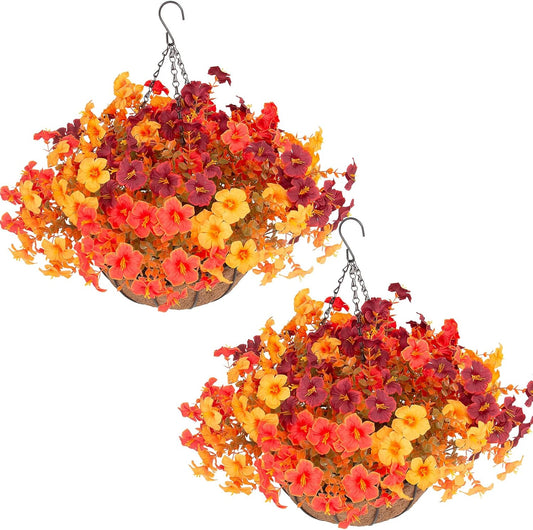 2 Set Artificial Outdoor Flowers with Hanging Baskets,24 Pcs UV Resistant Faux Petunias Flowers with Hanging Planter for Front Door Porch Spring Outside Decor (2, White,Yellow,Purple,RedViolet)