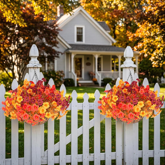 2 Set Artificial Outdoor Flowers with Hanging Baskets,24 Pcs UV Resistant Faux Petunias Flowers with Hanging Planter for Front Door Porch Spring Outside Decor (2, White,Yellow,Purple,RedViolet)