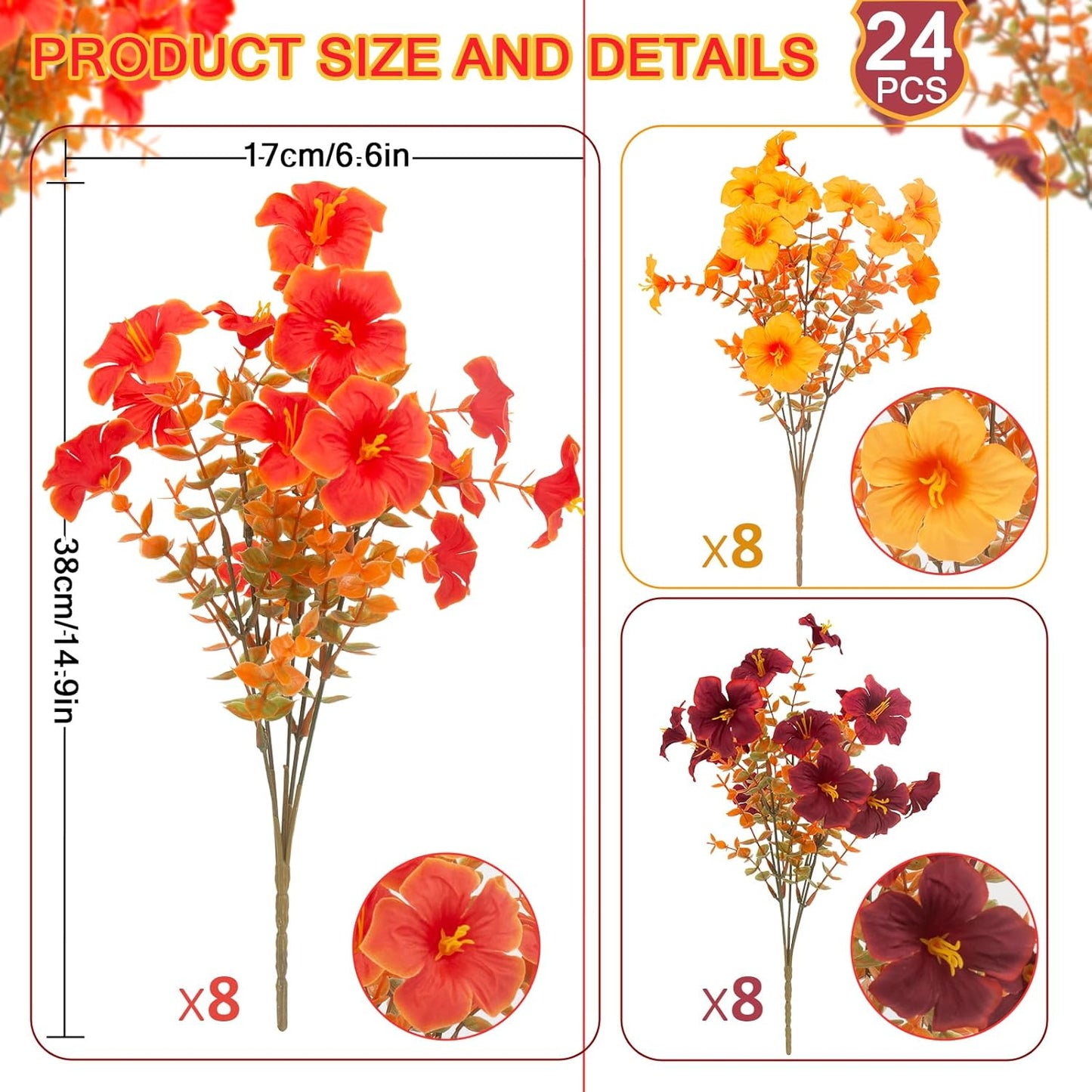 2 Set Artificial Outdoor Flowers with Hanging Baskets,24 Pcs UV Resistant Faux Petunias Flowers with Hanging Planter for Front Door Porch Spring Outside Decor (2, White,Yellow,Purple,RedViolet)