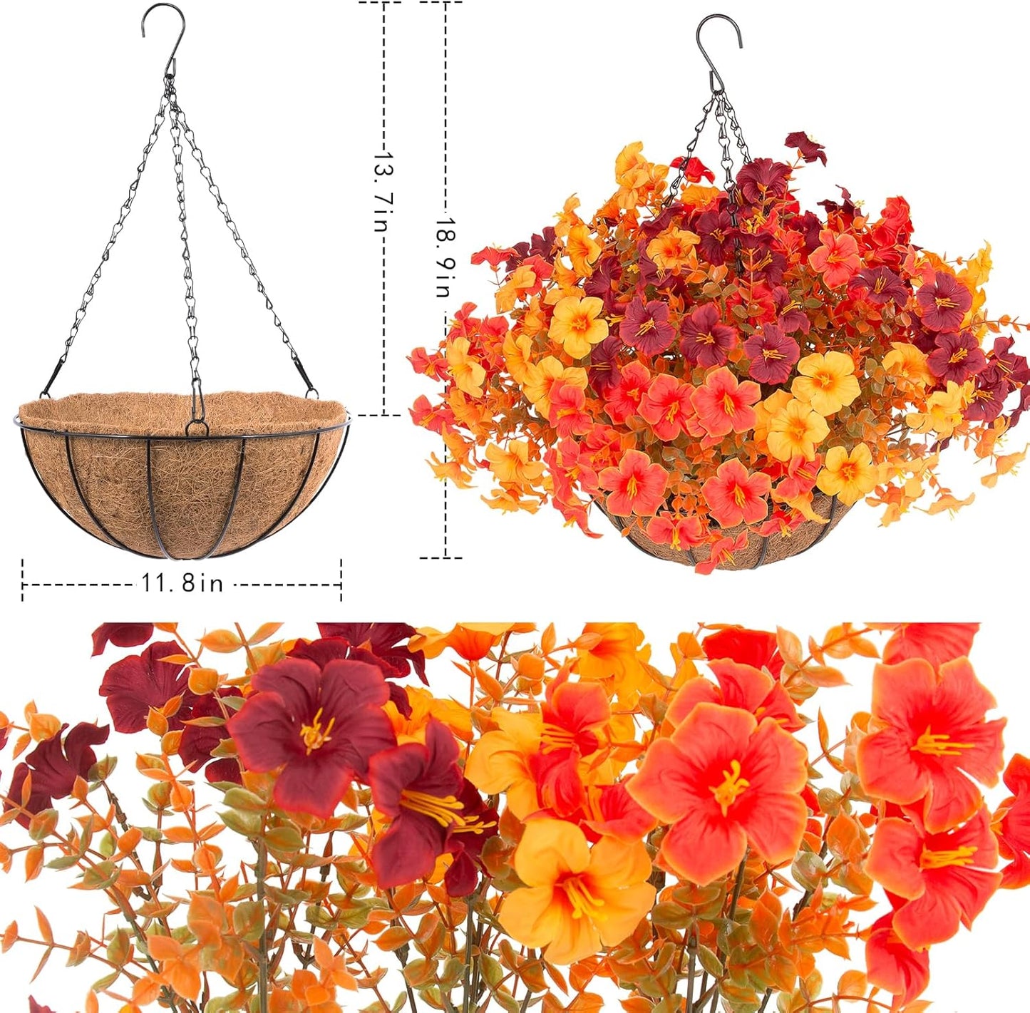 2 Set Artificial Outdoor Flowers with Hanging Baskets,24 Pcs UV Resistant Faux Petunias Flowers with Hanging Planter for Front Door Porch Spring Outside Decor (2, White,Yellow,Purple,RedViolet)
