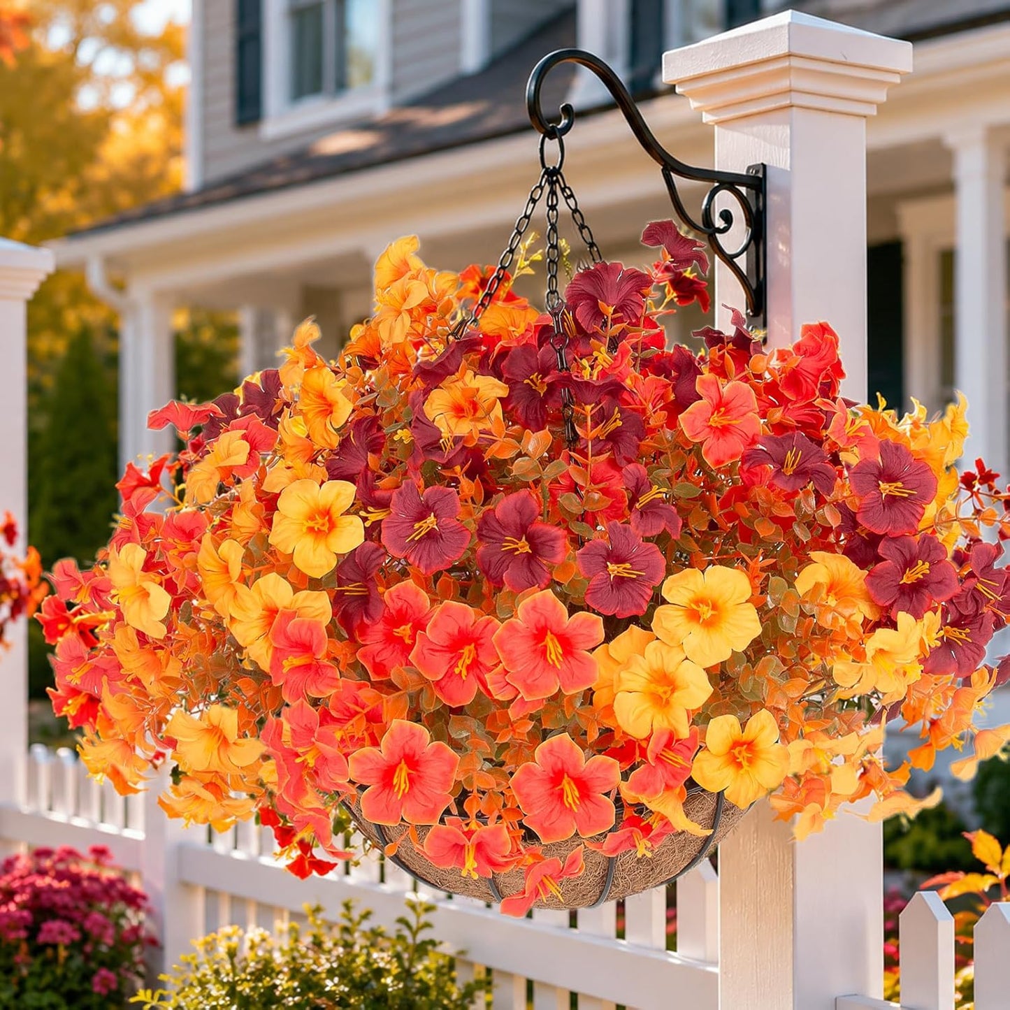 2 Set Artificial Outdoor Flowers with Hanging Baskets,24 Pcs UV Resistant Faux Petunias Flowers with Hanging Planter for Front Door Porch Spring Outside Decor (2, White,Yellow,Purple,RedViolet)