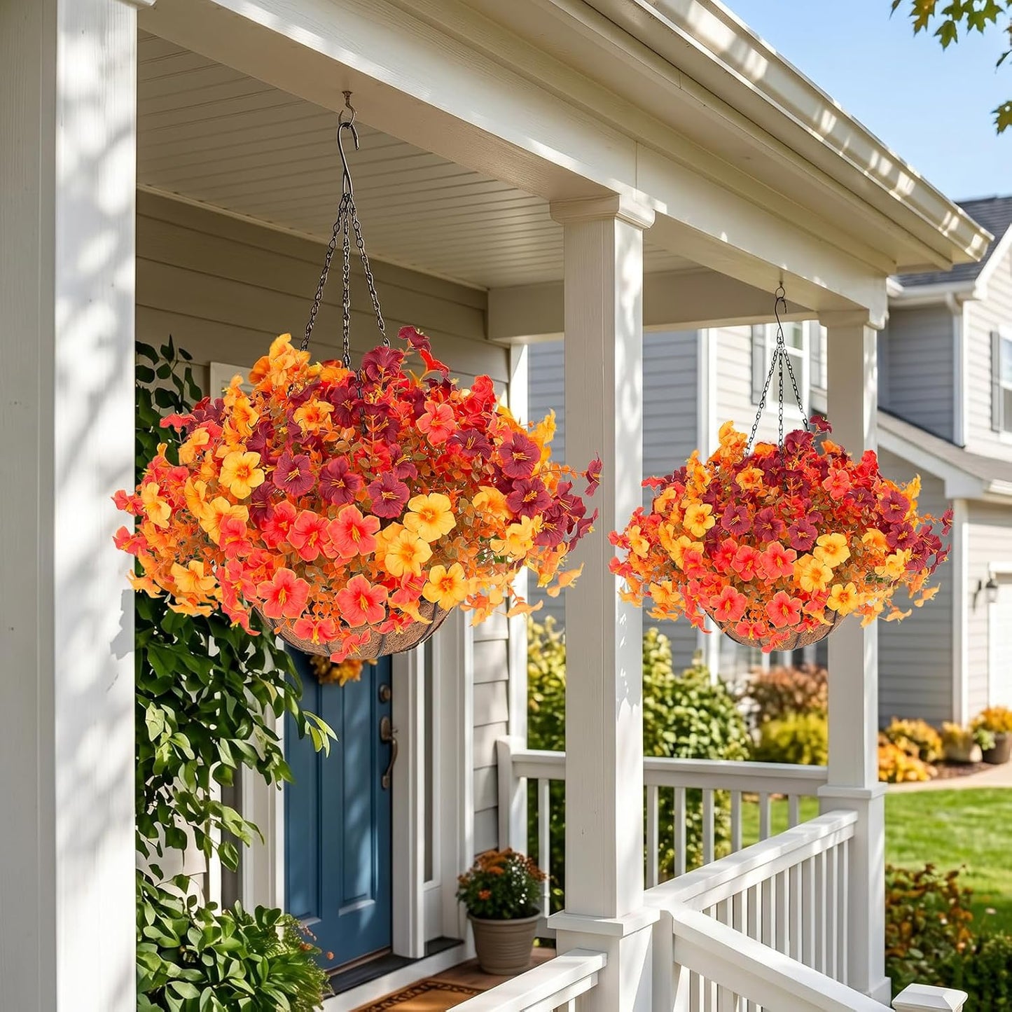 2 Set Artificial Outdoor Flowers with Hanging Baskets,24 Pcs UV Resistant Faux Petunias Flowers with Hanging Planter for Front Door Porch Spring Outside Decor (2, White,Yellow,Purple,RedViolet)