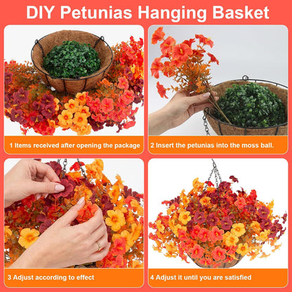 2 Set Artificial Outdoor Flowers with Hanging Baskets,24 Pcs UV Resistant Faux Petunias Flowers with Hanging Planter for Front Door Porch Spring Outside Decor (2, White,Yellow,Purple,RedViolet)