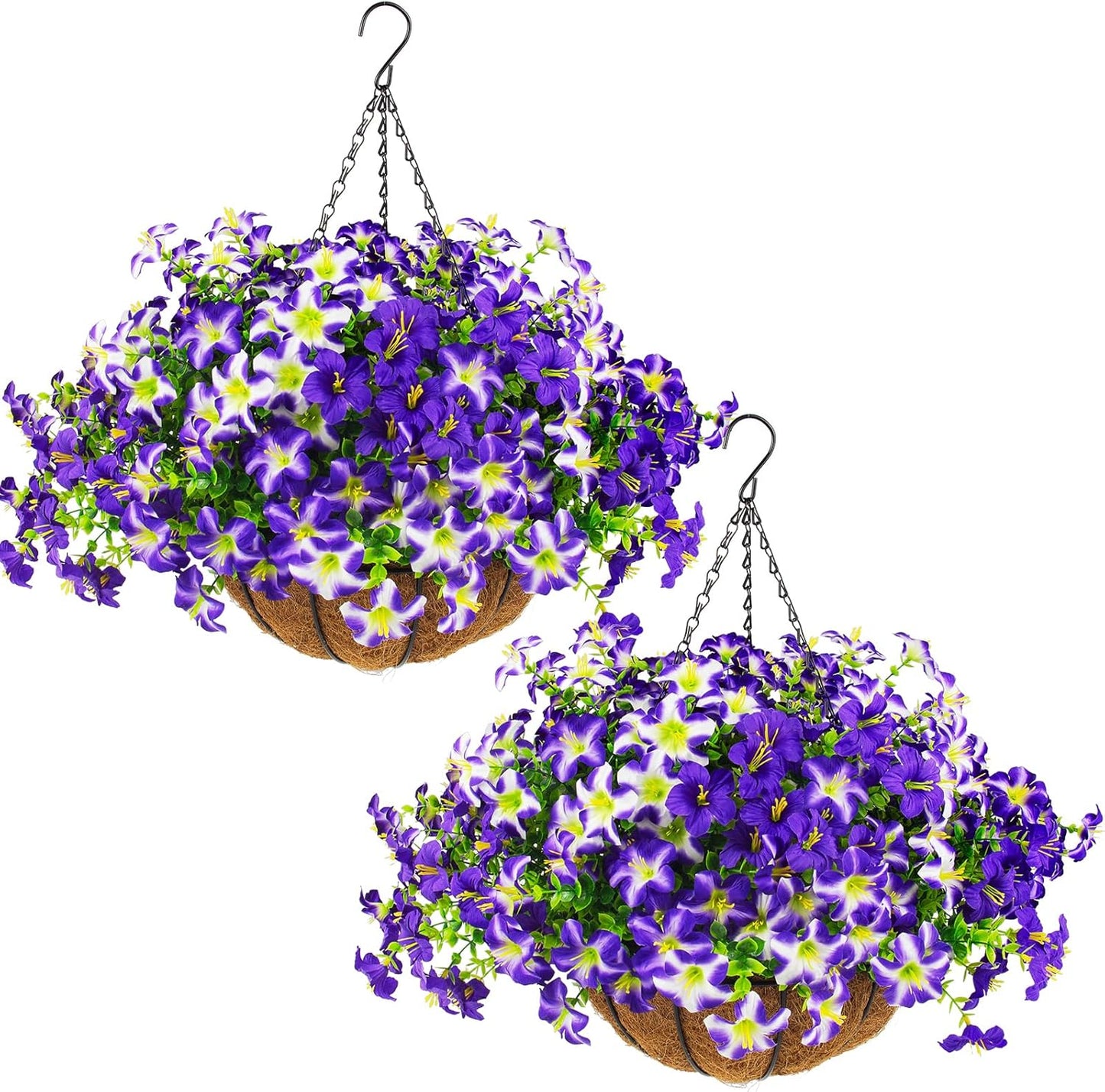 2 Set Artificial Outdoor Flowers with Hanging Baskets,24 Pcs UV Resistant Faux Petunias Flowers with Hanging Planter for Front Door Porch Spring Outside Decor (2, White,Yellow,Purple,RedViolet)