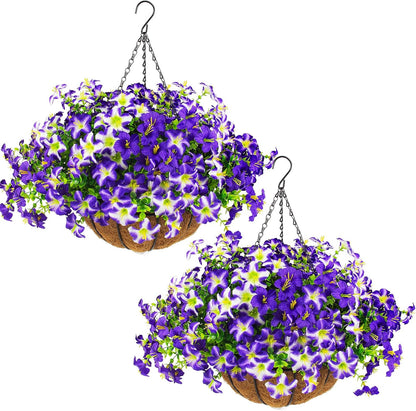 2 Set Artificial Outdoor Flowers with Hanging Baskets,24 Pcs UV Resistant Faux Petunias Flowers with Hanging Planter for Front Door Porch Spring Outside Decor (2, White,Yellow,Purple,RedViolet)