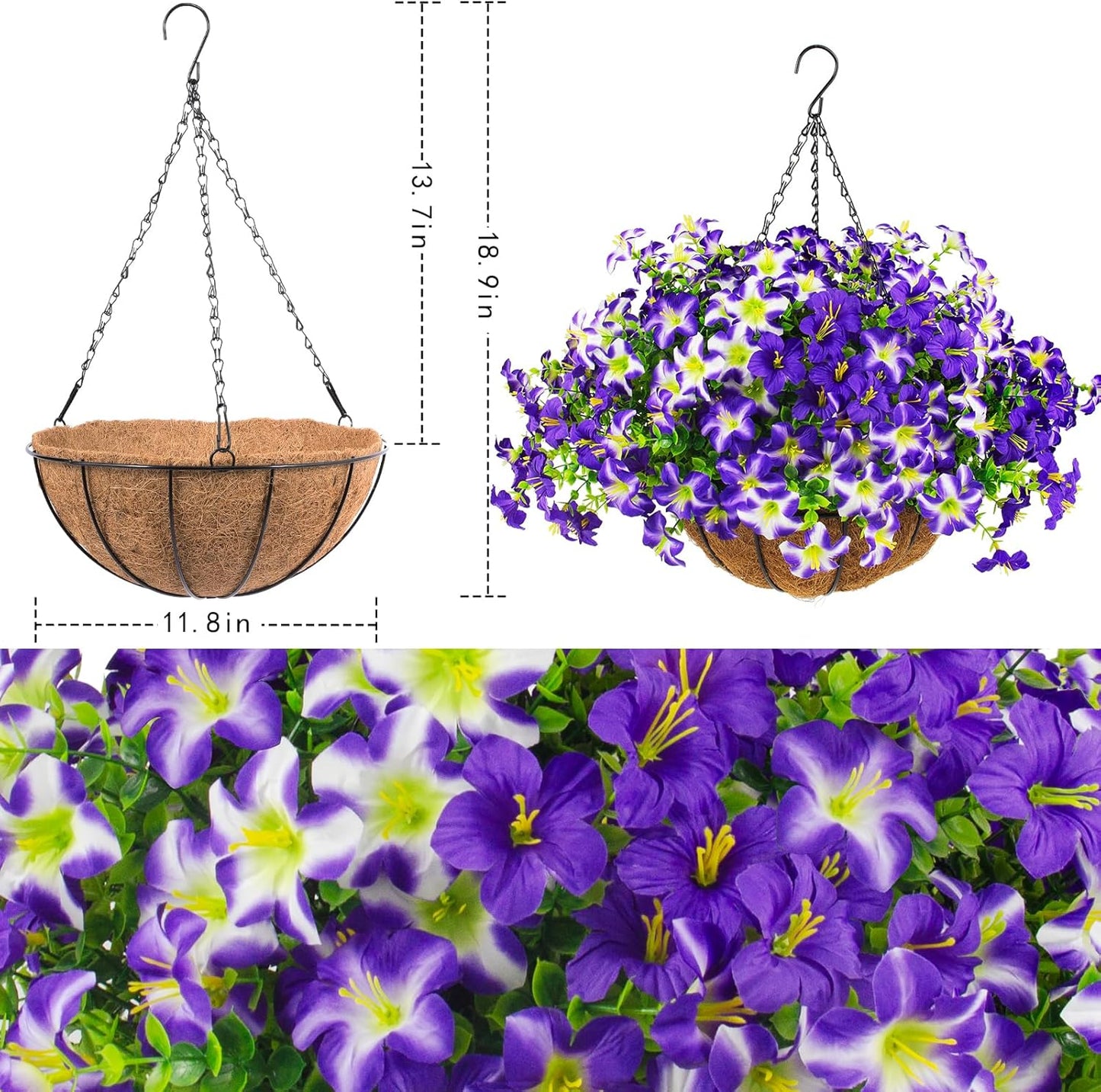 2 Set Artificial Outdoor Flowers with Hanging Baskets,24 Pcs UV Resistant Faux Petunias Flowers with Hanging Planter for Front Door Porch Spring Outside Decor (2, White,Yellow,Purple,RedViolet)