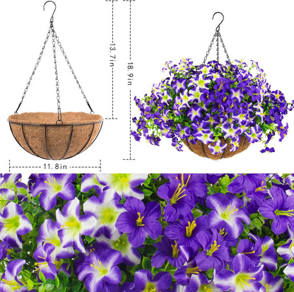 2 Set Artificial Outdoor Flowers with Hanging Baskets,24 Pcs UV Resistant Faux Petunias Flowers with Hanging Planter for Front Door Porch Spring Outside Decor (2, White,Yellow,Purple,RedViolet)