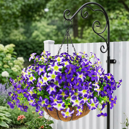 2 Set Artificial Outdoor Flowers with Hanging Baskets,24 Pcs UV Resistant Faux Petunias Flowers with Hanging Planter for Front Door Porch Spring Outside Decor (2, White,Yellow,Purple,RedViolet)