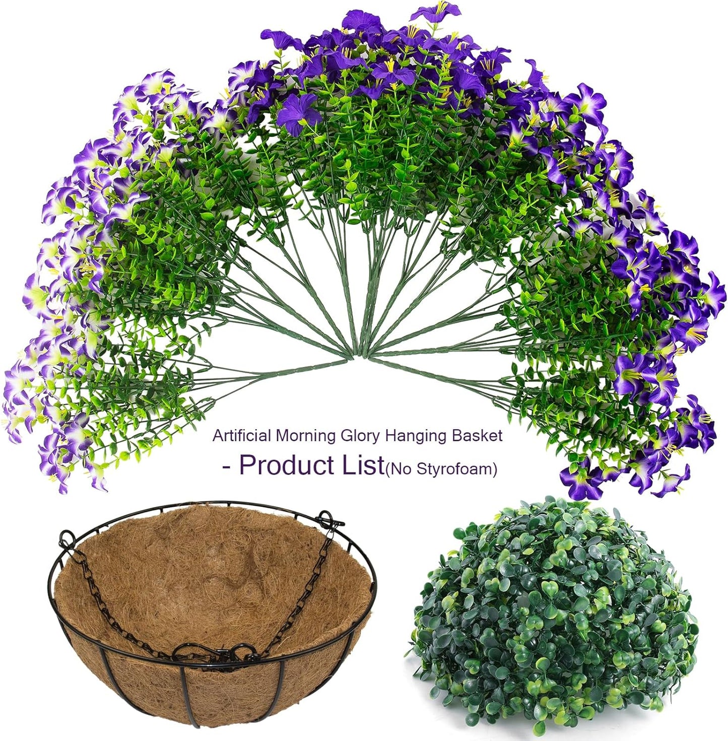 2 Set Artificial Outdoor Flowers with Hanging Baskets,24 Pcs UV Resistant Faux Petunias Flowers with Hanging Planter for Front Door Porch Spring Outside Decor (2, White,Yellow,Purple,RedViolet)