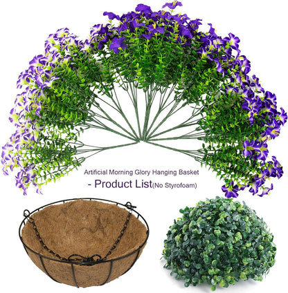 2 Set Artificial Outdoor Flowers with Hanging Baskets,24 Pcs UV Resistant Faux Petunias Flowers with Hanging Planter for Front Door Porch Spring Outside Decor (2, White,Yellow,Purple,RedViolet)