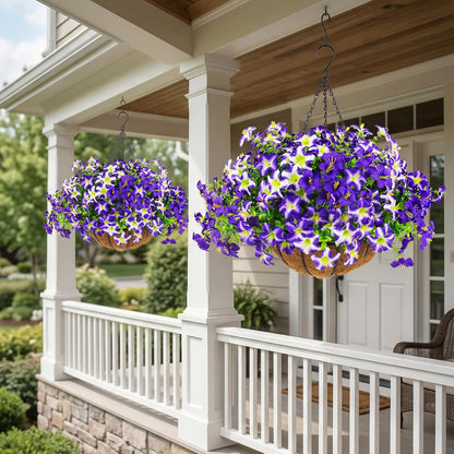 2 Set Artificial Outdoor Flowers with Hanging Baskets,24 Pcs UV Resistant Faux Petunias Flowers with Hanging Planter for Front Door Porch Spring Outside Decor (2, White,Yellow,Purple,RedViolet)